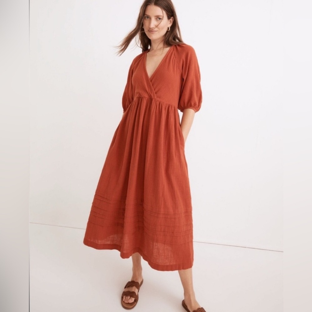 Madewell rust orange Marianna puff sleeve midi dress